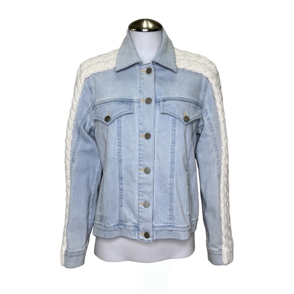 $495 TANYA TAYLOR Percy Denim Jacket with Cable-Knit Trim Sz S - Picture 2 of 11